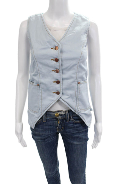 Renggli Women Light Blue Cotton V-Neck Button Sleeveless Vest Size XS