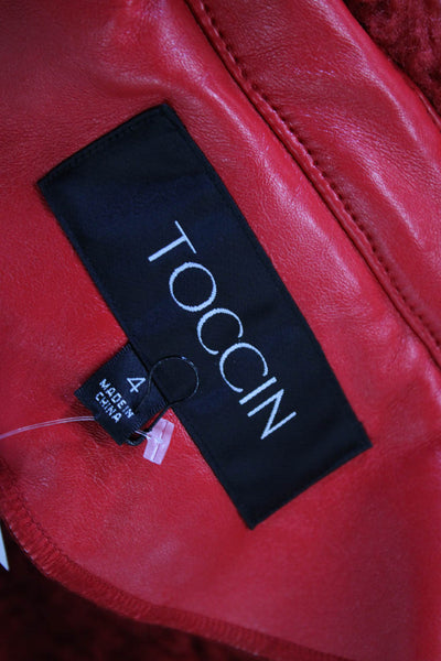 Toccin Womens Red Faux Leather Bomber Jacket Biker Size 4