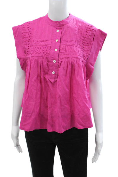 Ro's Garden Womens Boho High Neck Buttonup Cotton Blouse Pink Size XS