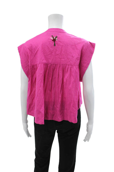 Ro's Garden Womens Boho High Neck Buttonup Cotton Blouse Pink Size XS
