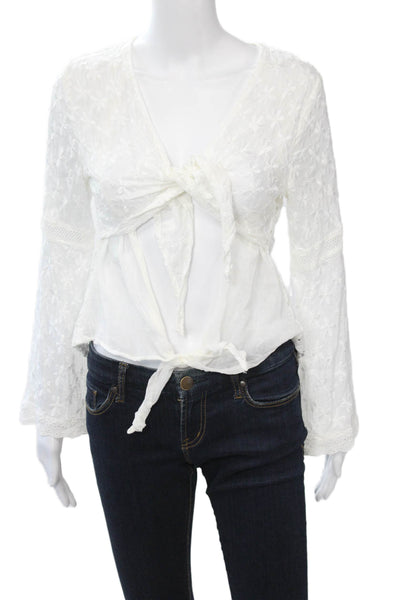 Sunday Saint Tropez Women White Floral V Neck Button Up Blouse Size S