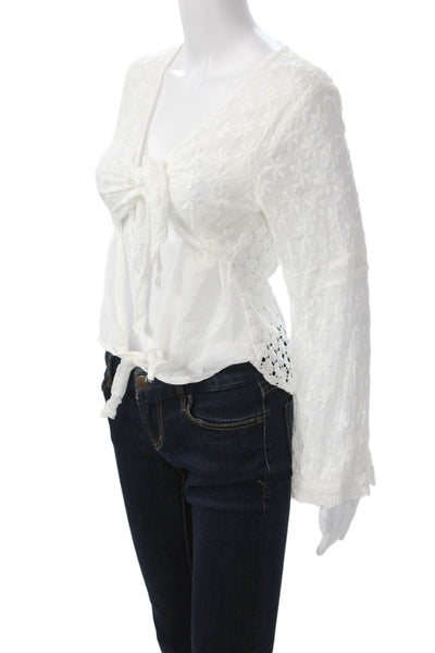 Sunday Saint Tropez Women White Floral V Neck Button Up Blouse Size S