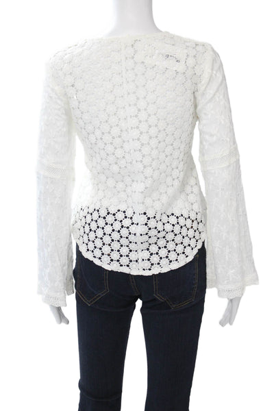 Sunday Saint Tropez Women White Floral V Neck Button Up Blouse Size S