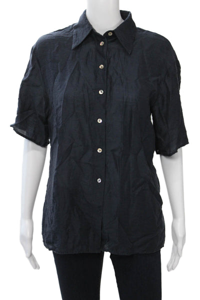 MNG Womens Short Sleeve Collared Button-Up Top Dark Blue Basic Size 2