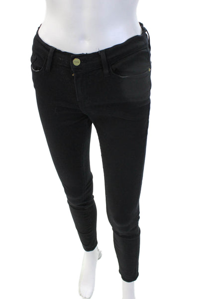 Frame Womens Skinny Ankle Jeans Black Denim High Rise Button 28 Inseam Size 27