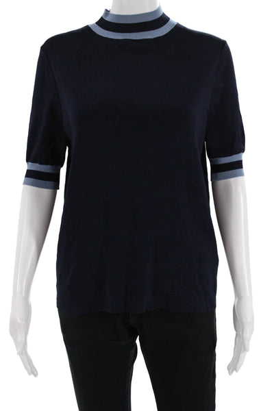 Iris & Ink Womens Ringer Mock Neck Short Sleeve Dark Blue T Shirt Size S