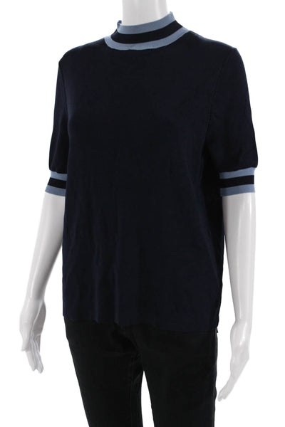 Iris & Ink Womens Ringer Mock Neck Short Sleeve Dark Blue T Shirt Size S