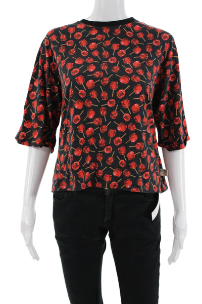 No21 Women Jersey Blouse Black Crew Neck Graphic 3/4 Sleeve Cotton Size 16