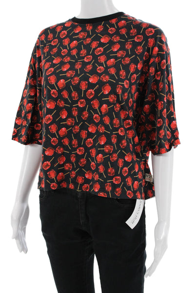 No21 Women Jersey Blouse Black Crew Neck Graphic 3/4 Sleeve Cotton Size 16