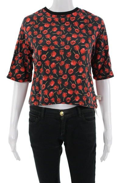 No21 Women Cropped Black Graphic T-Shirt Short Sleeve Crew Neck Cotton Size 12