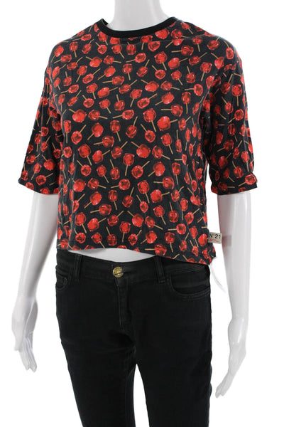 No21 Women Cropped Black Graphic T-Shirt Short Sleeve Crew Neck Cotton Size 12
