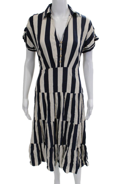 Zara Women Striped Beige Collared Shirt Dress Short Sleeve Size S
