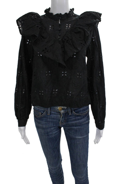 Zara Women Bohemian Black Cotton Blend High Neck Long Sleeve Blouse Size S
