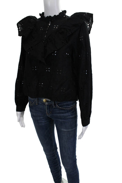Zara Women Bohemian Black Cotton Blend High Neck Long Sleeve Blouse Size S
