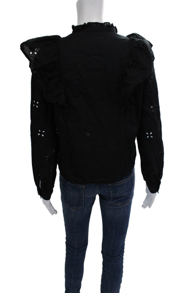 Zara Women Bohemian Black Cotton Blend High Neck Long Sleeve Blouse Size S
