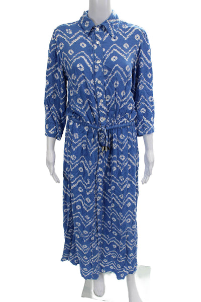 Boheme by Skemo Women Maxi Shirt Dress Blue Geometric 3/4Sleeve Size L