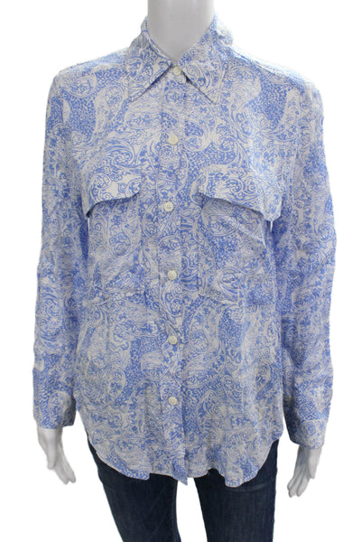 Zara Womens Paisley Collared Viscose Button Up Tunic Long Sleeve Blue Size S