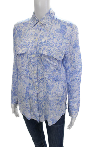 Zara Womens Paisley Collared Viscose Button Up Tunic Long Sleeve Blue Size S