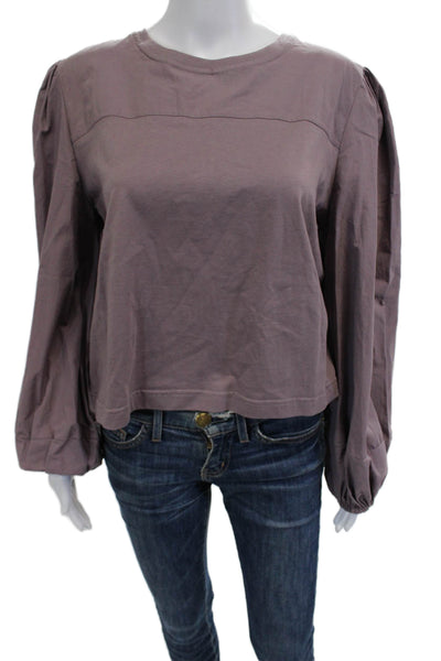 Zara Women Cropped Purple Cotton Long Sleeve Crew Neck Blouse Size M