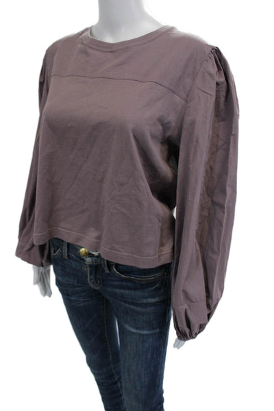 Zara Women Cropped Purple Cotton Long Sleeve Crew Neck Blouse Size M