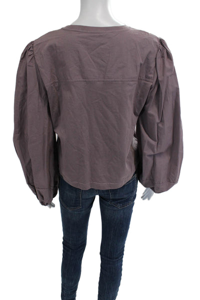 Zara Women Cropped Purple Cotton Long Sleeve Crew Neck Blouse Size M