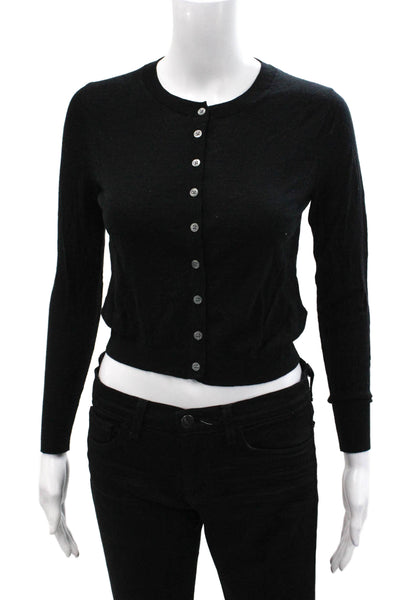 J Crew Womens Cardigan Black Merino Wool Button Crew Neck Long Sleeve Size XS