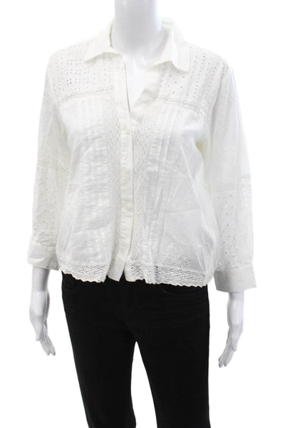 Zara Women White Cotton Collared Button Up Blouse 3/4 Sleeve Bohemian Size S
