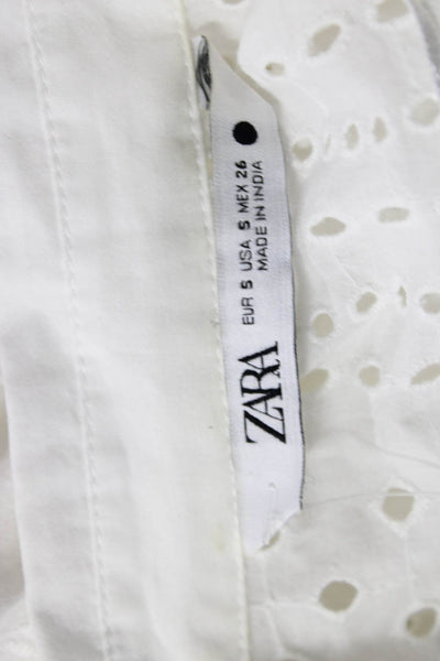 Zara Women White Cotton Collared Button Up Blouse 3/4 Sleeve Bohemian Size S