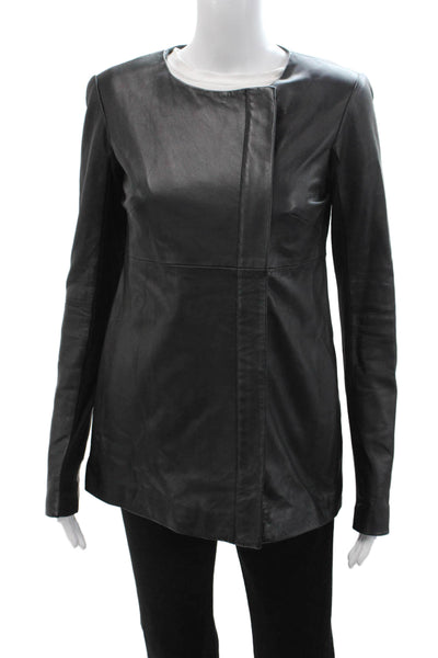 Veda Women Biker Sheep Leather Jacket Black Zip Crew Neck Long Sleeve Size S