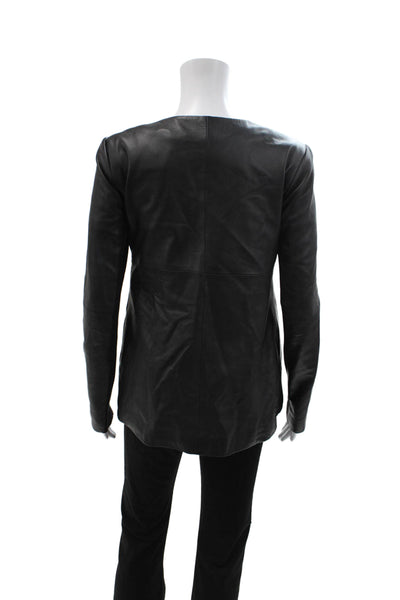 Veda Women Biker Sheep Leather Jacket Black Zip Crew Neck Long Sleeve Size S