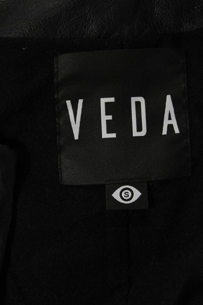 Veda Women Biker Sheep Leather Jacket Black Zip Crew Neck Long Sleeve Size S