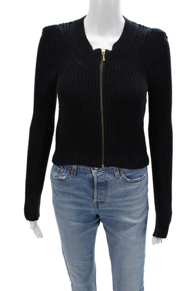 Topshop Women Black Full Zip Cardigan 100% Cotton Crew Neck Size 2
