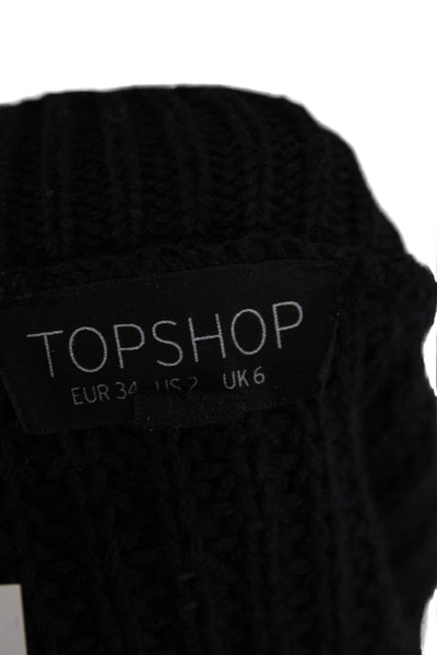Topshop Women Black Full Zip Cardigan 100% Cotton Crew Neck Size 2