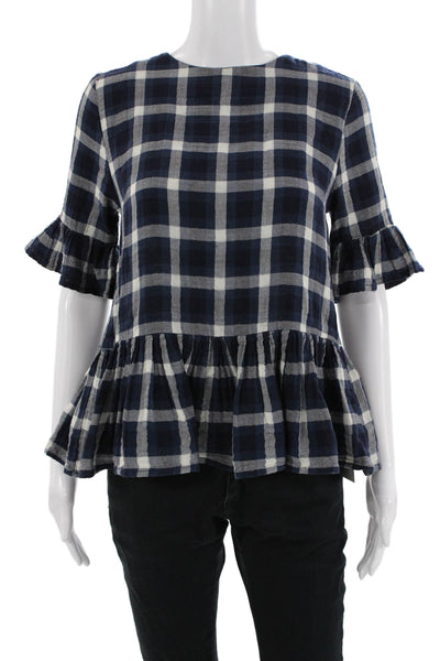 Trovata Women Dark Blue Plaid Linen Blouse Crew Neck Short Sleeve Boho Size XS