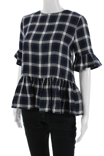Trovata Women Dark Blue Plaid Linen Blouse Crew Neck Short Sleeve Boho Size XS