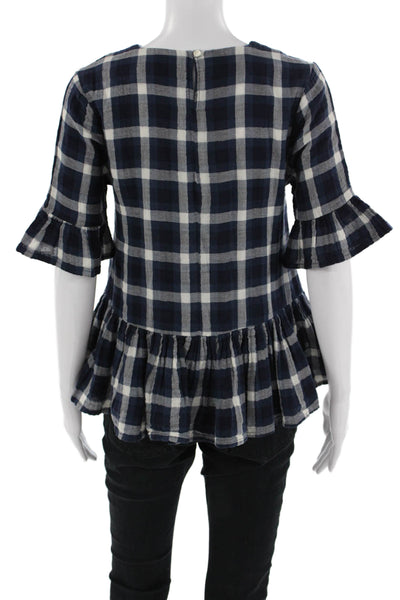 Trovata Women Dark Blue Plaid Linen Blouse Crew Neck Short Sleeve Boho Size XS