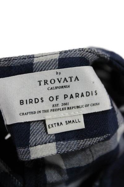 Trovata Women Dark Blue Plaid Linen Blouse Crew Neck Short Sleeve Boho Size XS