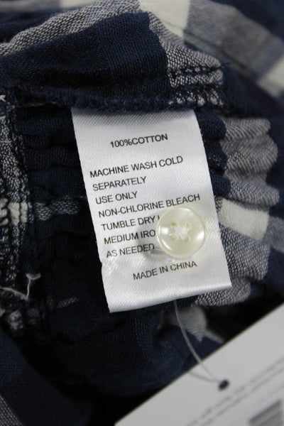 Trovata Women Dark Blue Plaid Linen Blouse Crew Neck Short Sleeve Boho Size XS