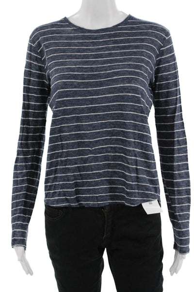 Vince Women Striped Linen Long Sleeve T-Shirt Crew Neck Dark Blue Size XS
