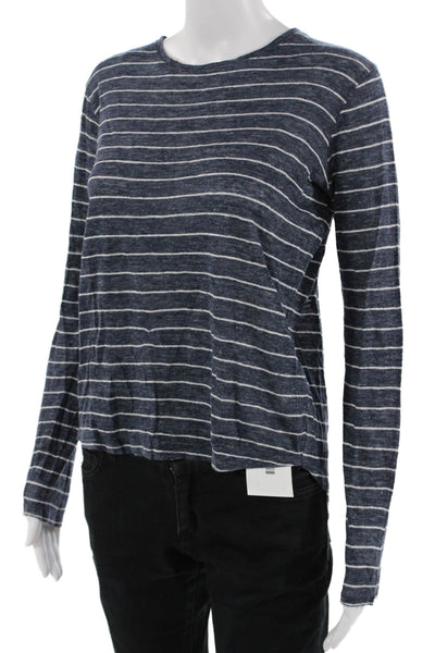 Vince Women Striped Linen Long Sleeve T-Shirt Crew Neck Dark Blue Size XS
