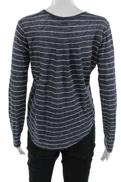Vince Women Striped Linen Long Sleeve T-Shirt Crew Neck Dark Blue Size XS