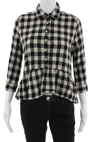 Trovata Women Beige Check Cotton Collared Button Up Blouse 3/4 Sleeve Size XS