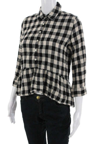 Trovata Women Beige Check Cotton Collared Button Up Blouse 3/4 Sleeve Size XS