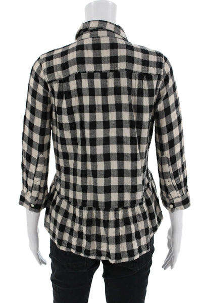 Trovata Women Beige Check Cotton Collared Button Up Blouse 3/4 Sleeve Size XS