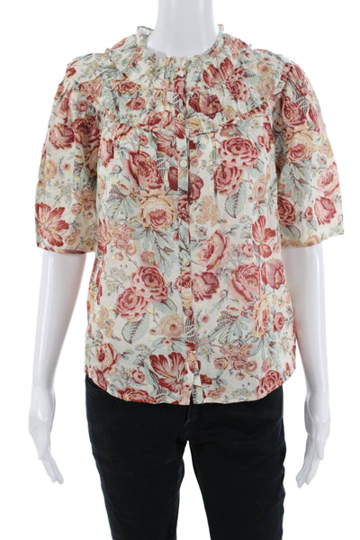 Rebecca Taylor Women Beige Floral High Neck Buttonup Short Sleeve Blouse Size XS