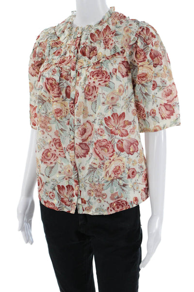 Rebecca Taylor Women Beige Floral High Neck Buttonup Short Sleeve Blouse Size XS