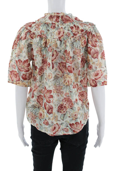 Rebecca Taylor Women Beige Floral High Neck Buttonup Short Sleeve Blouse Size XS