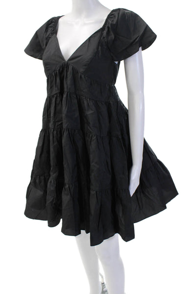 Staud Womens Trapeze Swing Black V Neck Knee Length Short Sleeve Dress Size S