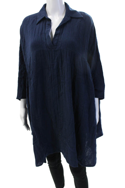 Rhode Womens Kaftan Shirt Dress Dark Blue Cotton 3/4 Sleeve Size OS
