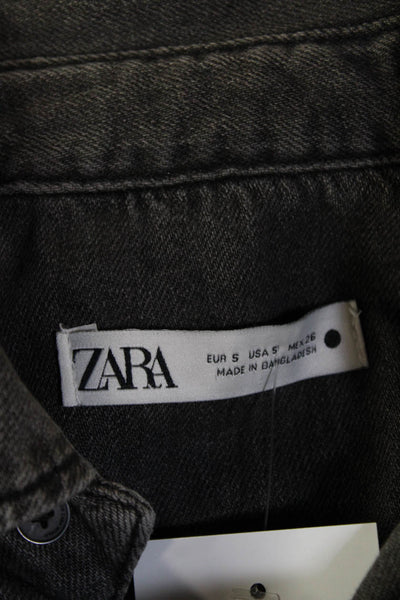 Zara Women Dark Gray Cotton Collared Button Solid Grunge Jacket Size S